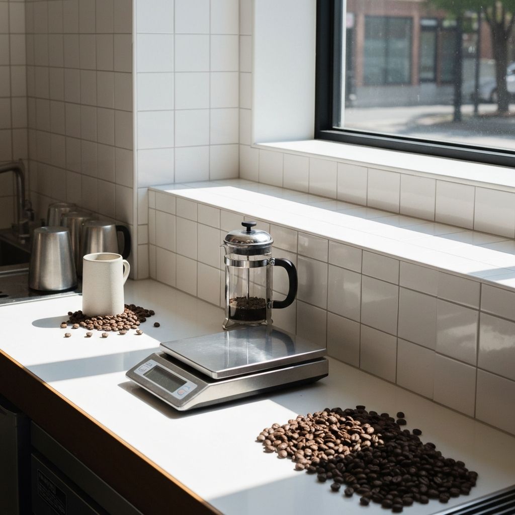 Reine Barista-Arbeitsfläche mit Waage, Kaffeebohnen und Französischer Presse