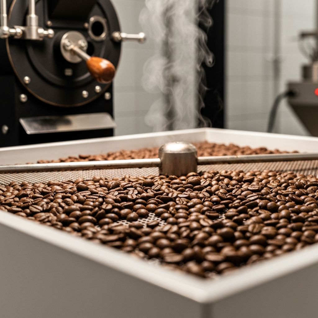 Frisch geröstete, dampfende Kaffeebohnen beim Abkühlen auf Metallblech