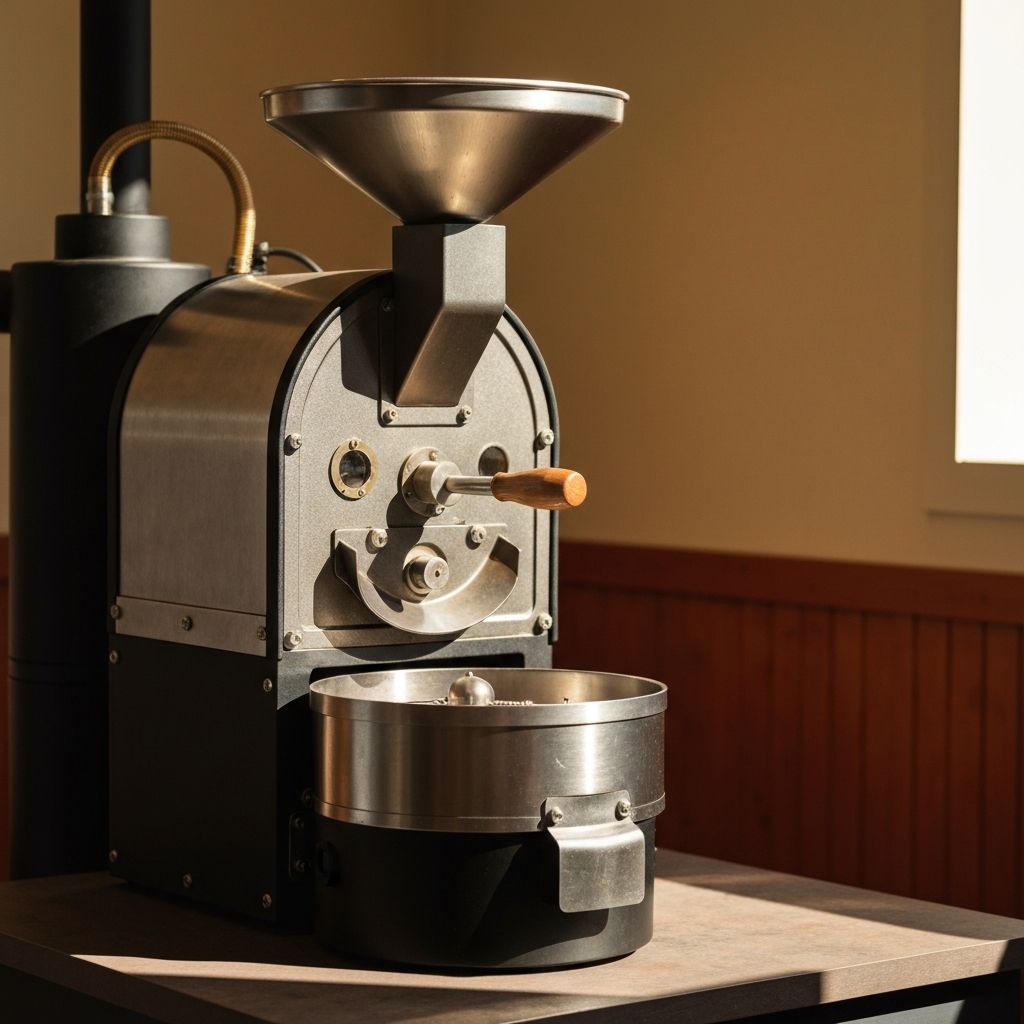 Spezialisierte Kafferöstmaschine in heller Keramik-Cafélabumgebung